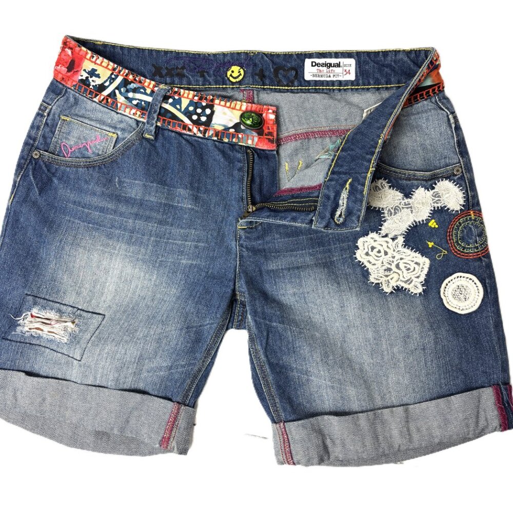 Desigual Denim High Waist Jean Shorts Life Embellished lace embroidery Size 34 - Picture 5 of 11